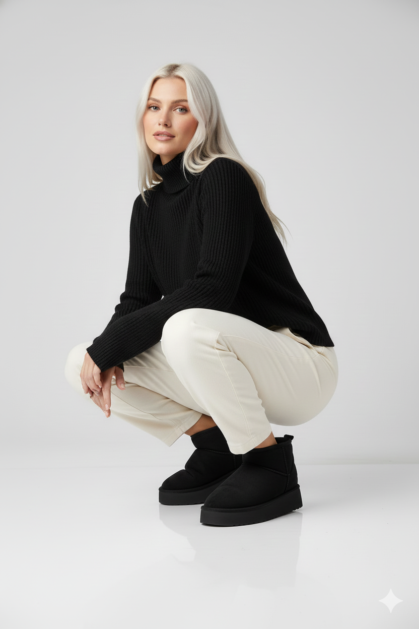 FeelUp Süet İçi Kürklü Kısa Kalın Taban Siyah Kadın Günlük Bot