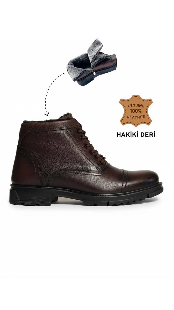MAKRAS EXCLUSIVE Erkek Bağcıklı-Fermuarlı Kahve Hakiki Deri Günlük İçi Kürklü Bot
