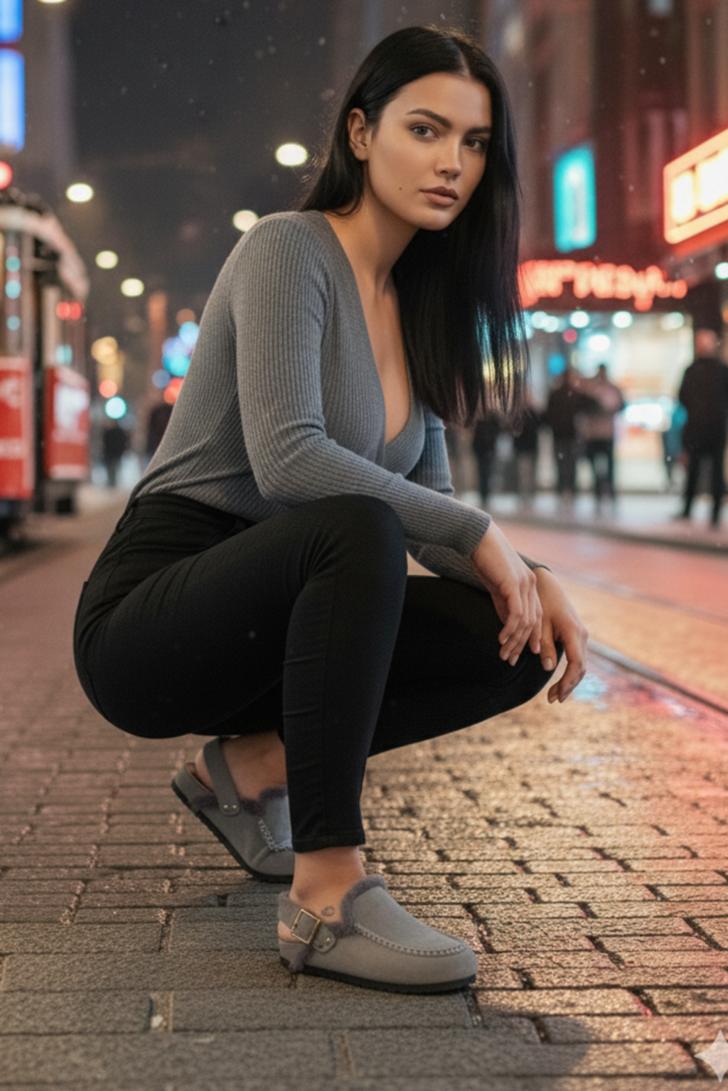 Manijero Alba Kürklü Premium MNR.016 Kadın Gri Günlük Hakiki Deri Sandalet Terlik