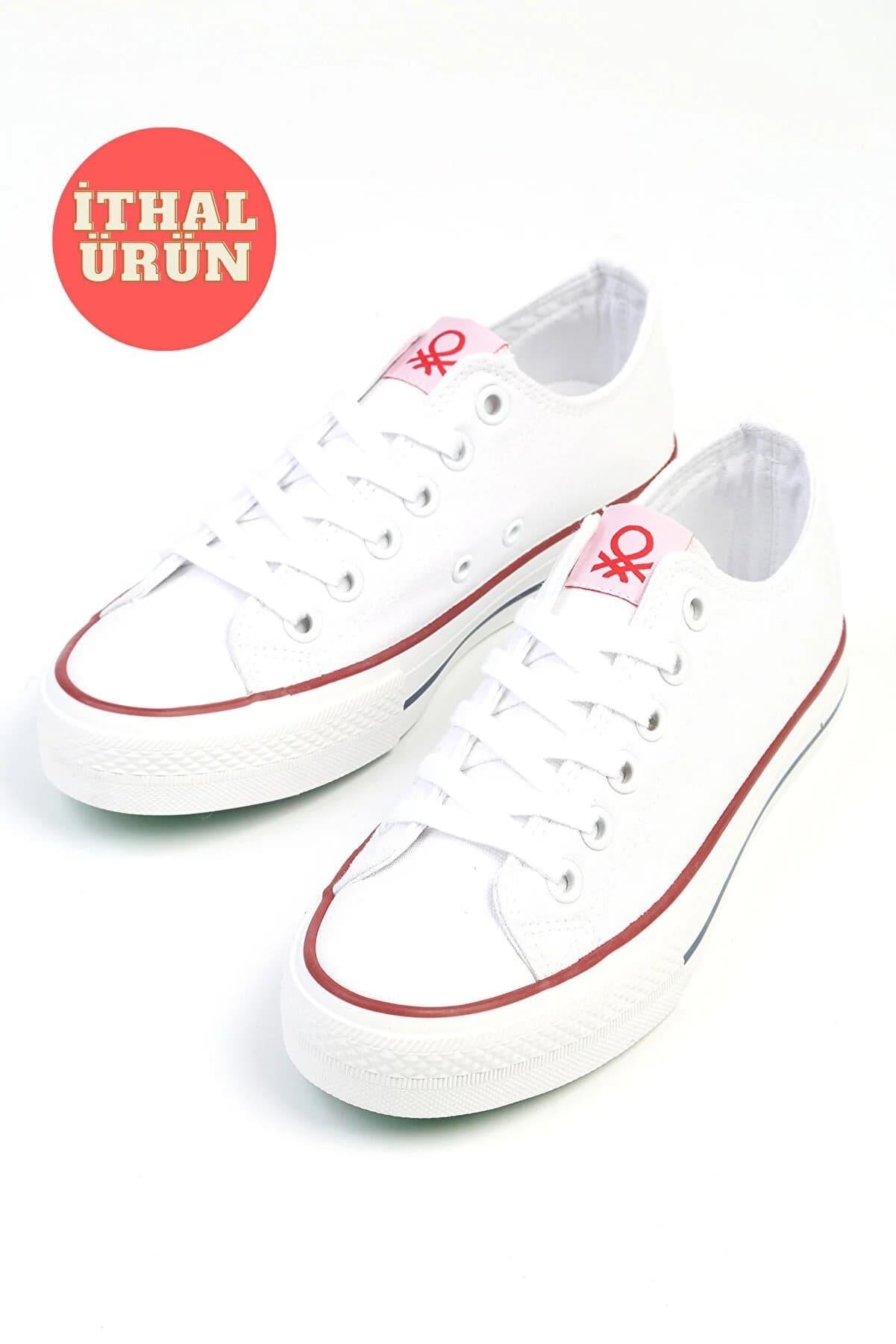 Benetton BNI-30196 İthal Beyaz Kadın Keten Sneaker Spor Ayakkabı v1
