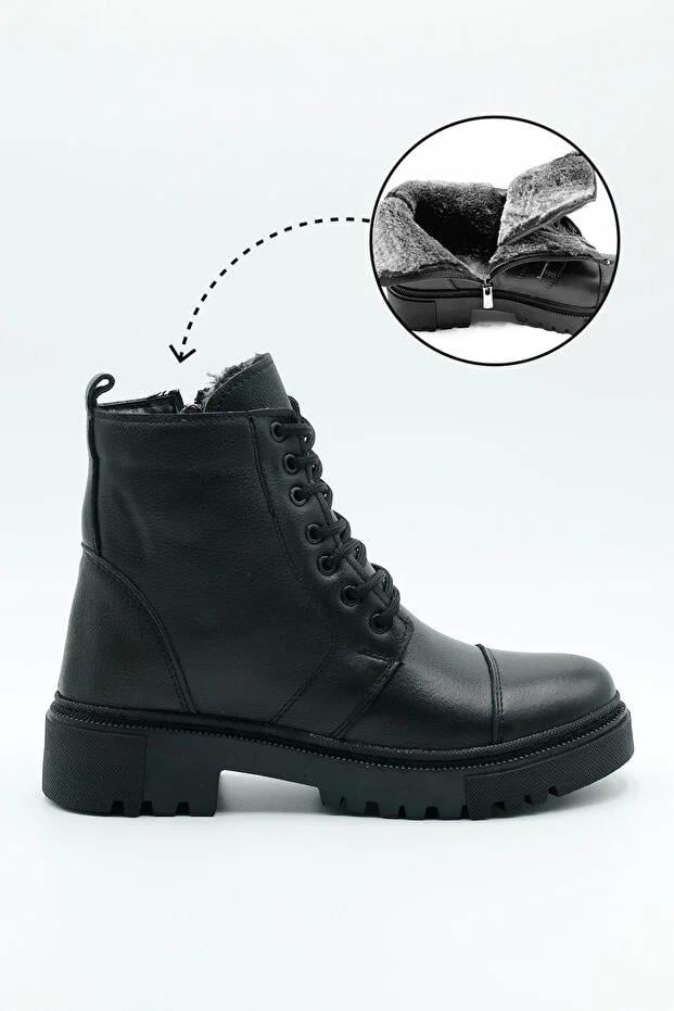 MAKRAS EXCLUSIVE Kadın Maskaratlı Siyah Fermuarlı Hakiki Deri İçi Kürklü Bot