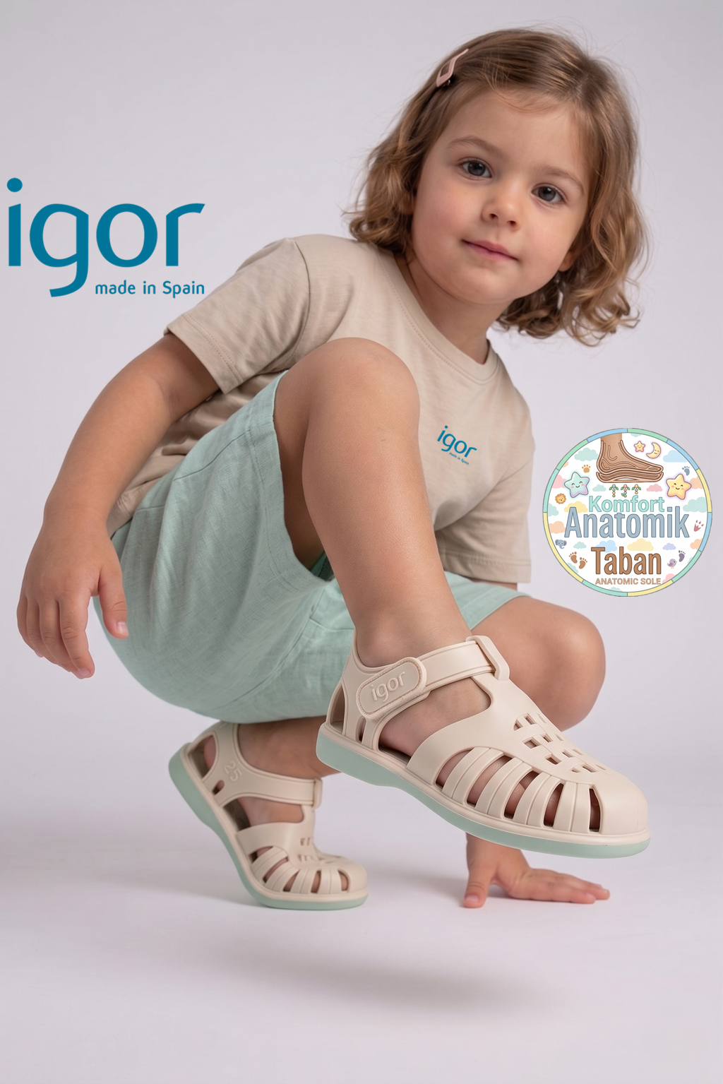 Igor Tobby Solid Bicolor Çocuk Cırtlı Sandalet Marfil BB355-079 