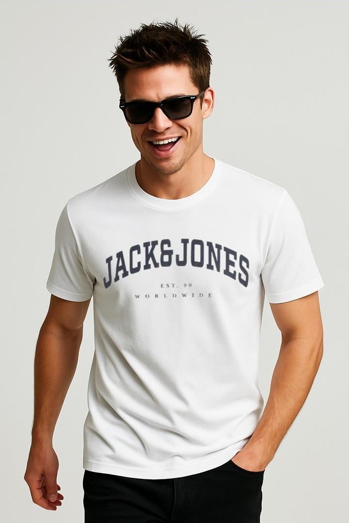 Jack & Jones JJECALEB VARSITY 0 Yaka White Erkek Tişört 12257579
