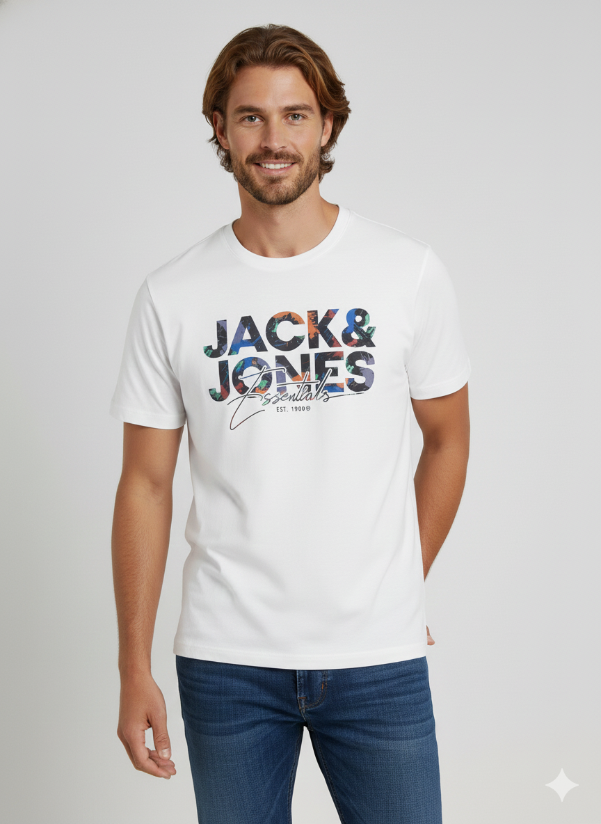 Jack & Jones JJGEPLAS TEE Büyük Logo Erkek Beyaz Renkli Baskı Tişört 12278523