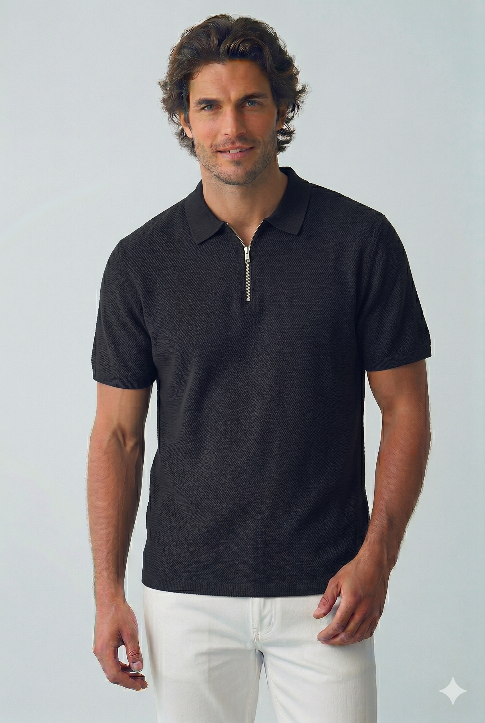 Jack & Jones JJMAX KNIT ZIP POLO SS Logolu Erkek Siyah Tişört 12288544
