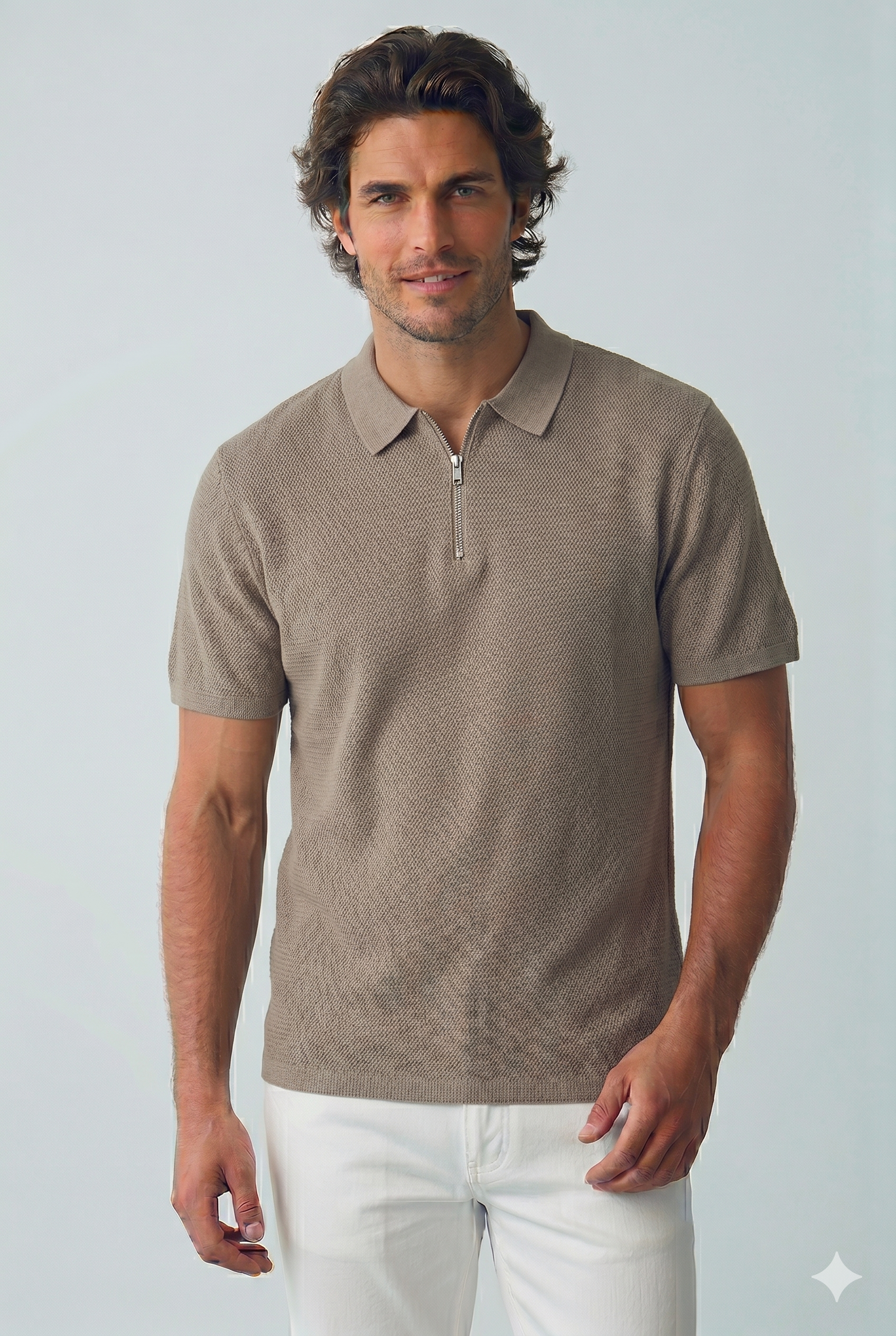 Jack & Jones JJMAX KNIT ZIP POLO SS Logolu Erkek String/Bej-Krem Tişört 12288544