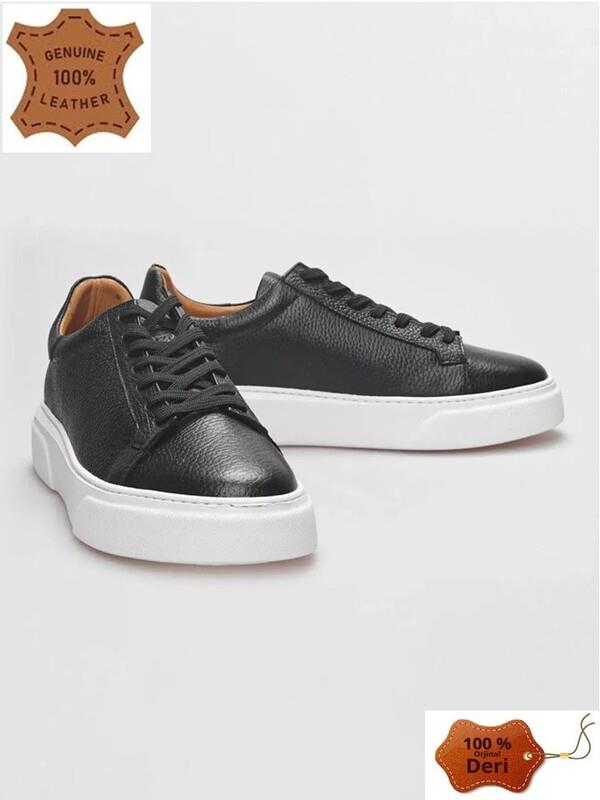 MAKRAS EXCLUSIVE Tommy 777 Siyah Beyaz Hakiki Deri Erkek Sneaker Ayakkabı v1