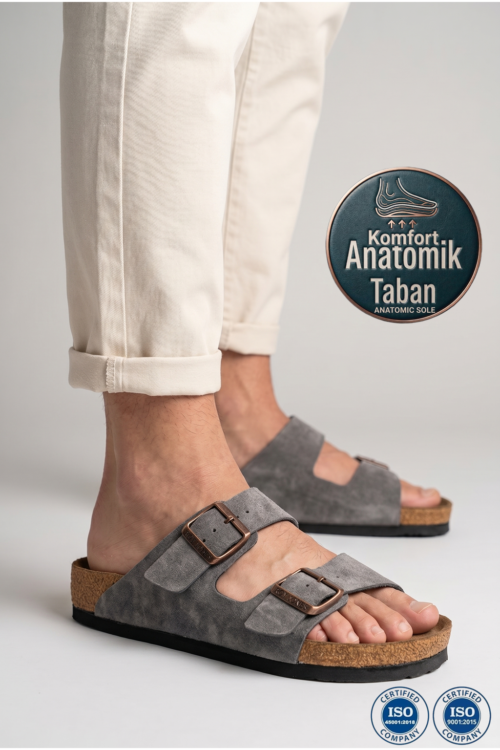 Roy Jones 7001 Unisex Gri Çift Toka Günlük Terlik