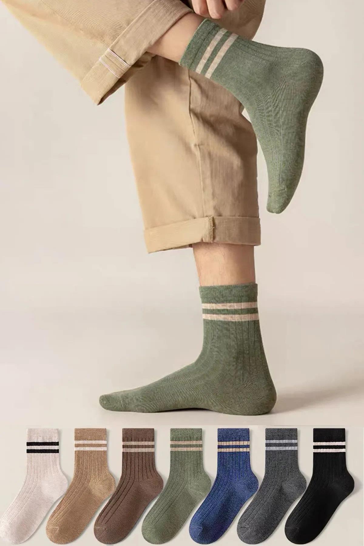 03783 Dewberry 7 Pairs Unisex Striped Patterned Long Socks-ÇOK RENKLİ