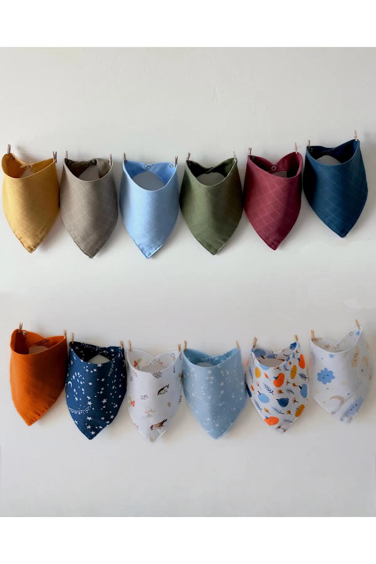 07446 Dewberry 12 Pcs Baby Drool Bib- Scarf with Snap Button-ÇOK RENKLİ