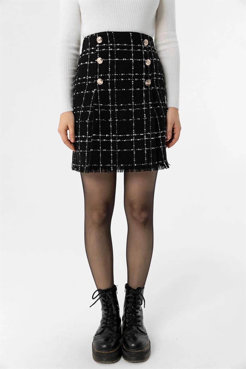 10219 Dewberry Plaid Tweed Women Mini Skirt-SİYAH