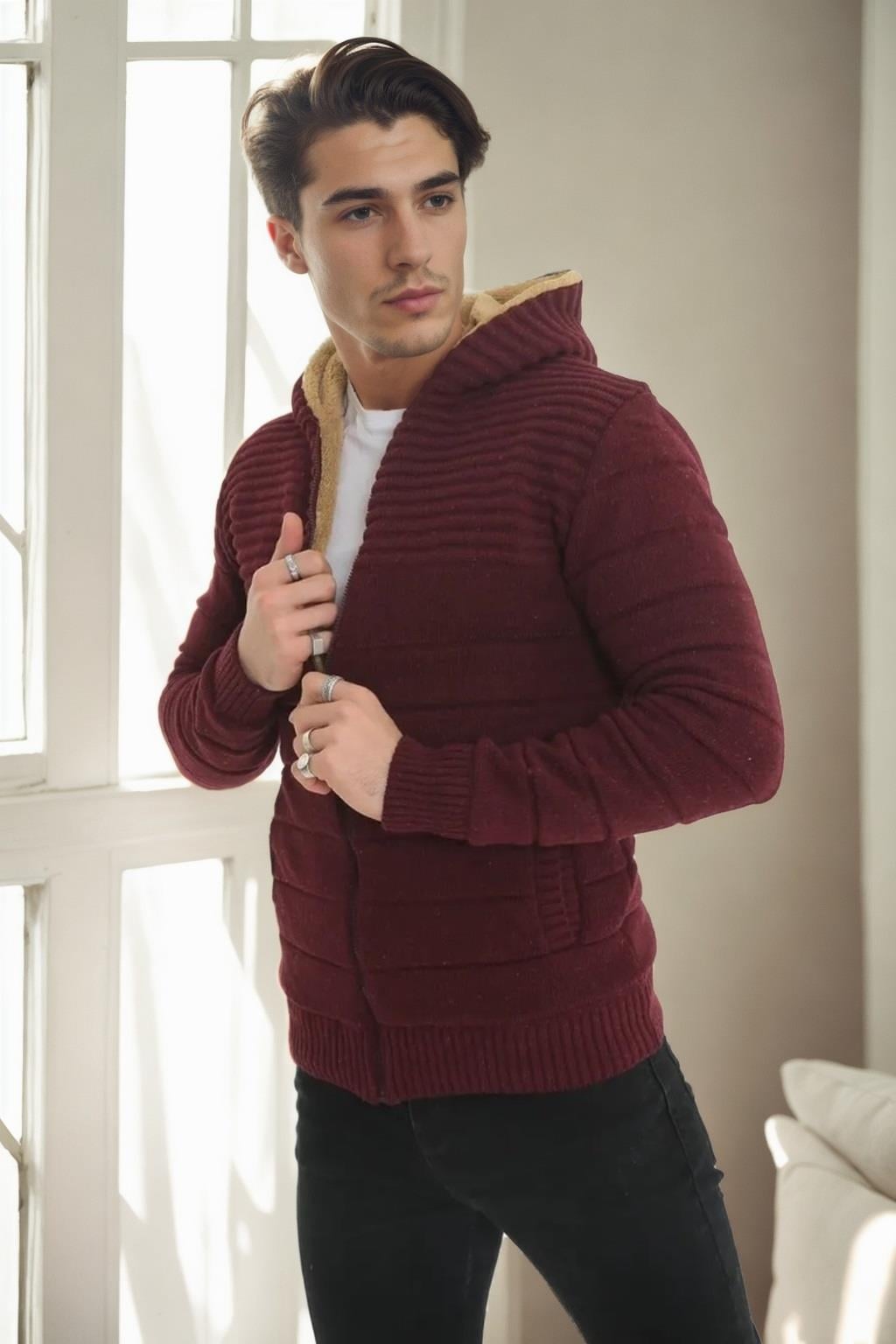 14455 Dewberry Furry Hooded Mens Sports Slim Fit Cardigan-BORDO