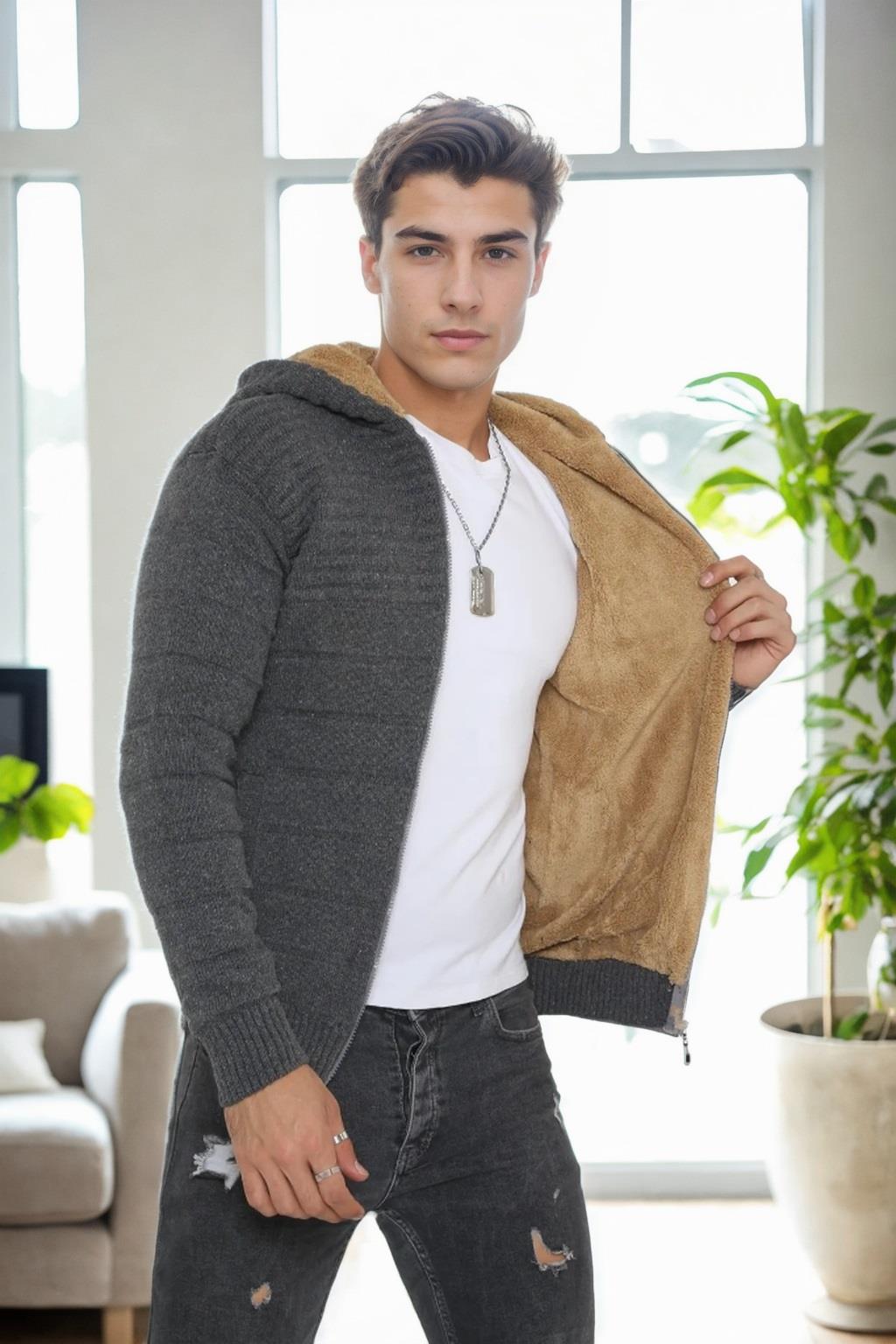 14455 Dewberry Furry Hooded Mens Sports Slim Fit Cardigan-GRİ