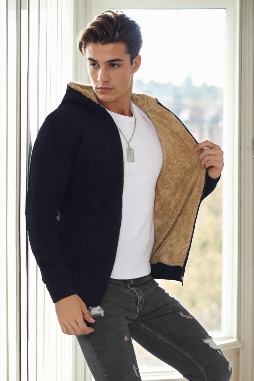14455 Dewberry Furry Hooded Mens Sports Slim Fit Cardigan-LACİVERT