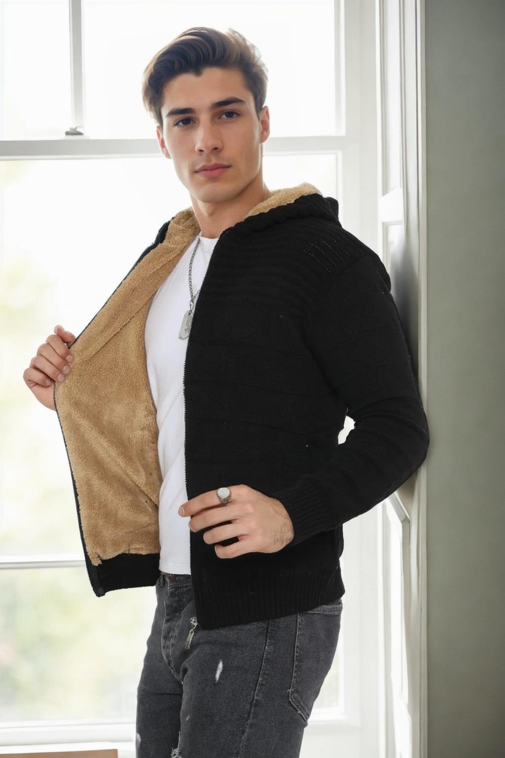 14455 Dewberry Furry Hooded Mens Sports Slim Fit Cardigan-SİYAH
