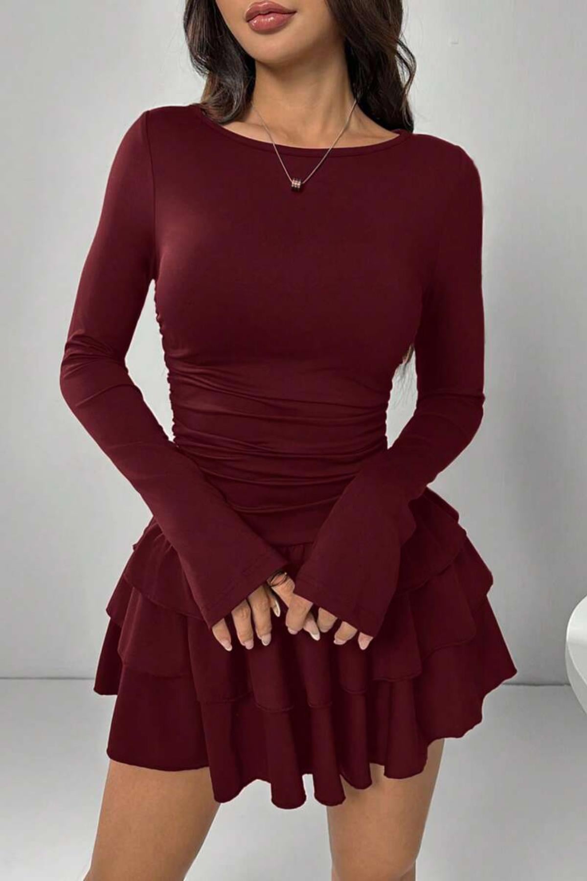 24933 Dewberry Ruffled Layered Mini Dress-BORDO