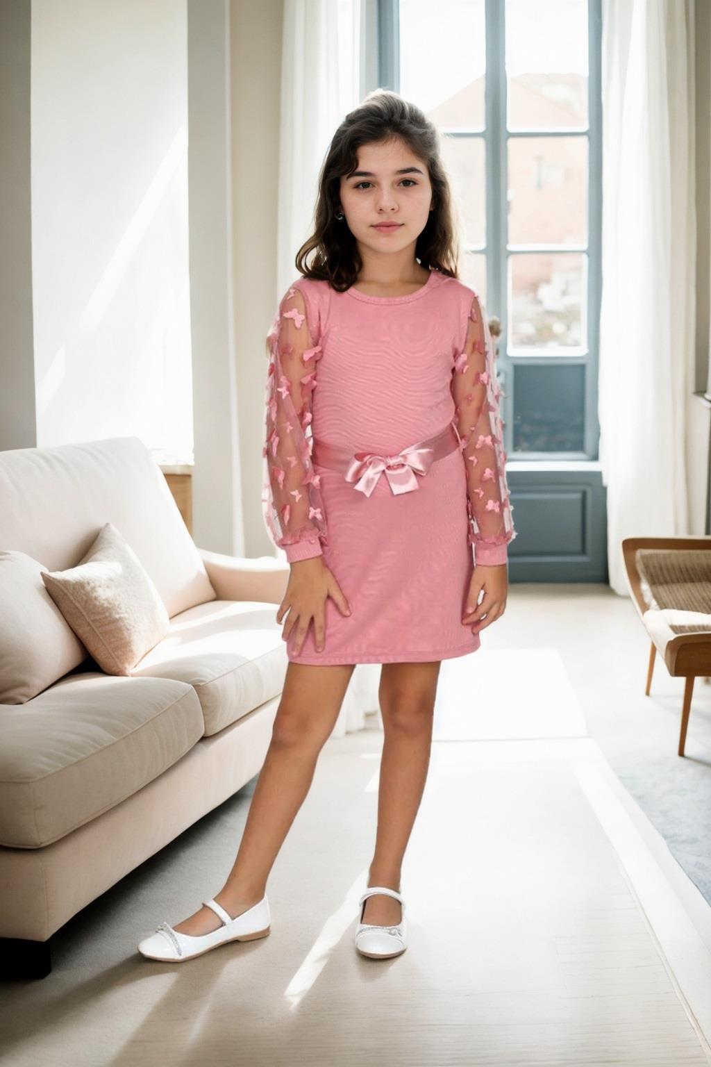 28185 Dewberry Waist Tied Tulle Detailed Girls Dress-PEMBE