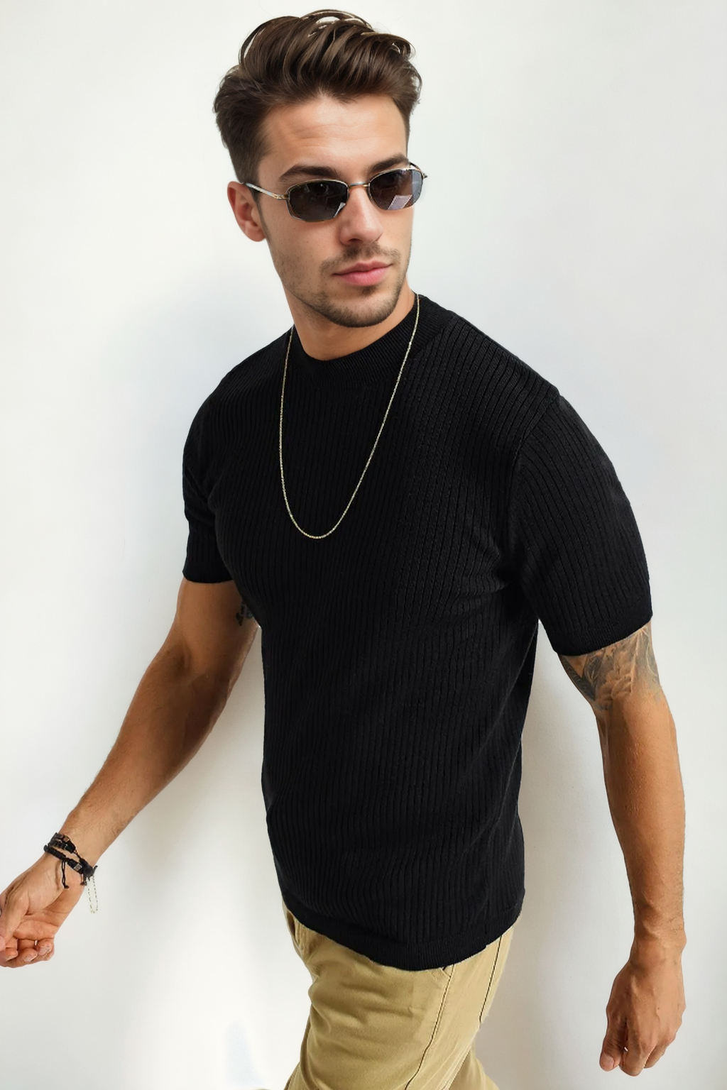 33307 Dewberry Mens Crew Neck Short Sleeve Thin Knit Sweater-SİYAH