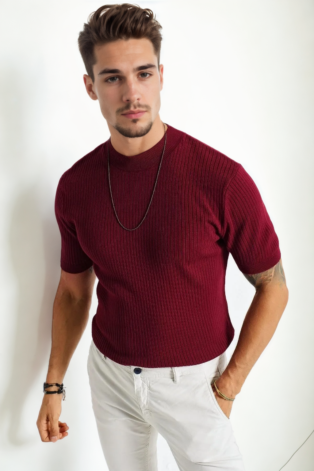 33307 Dewberry Mens Crew Neck Short Sleeve Thin Knit Sweater-BORDO