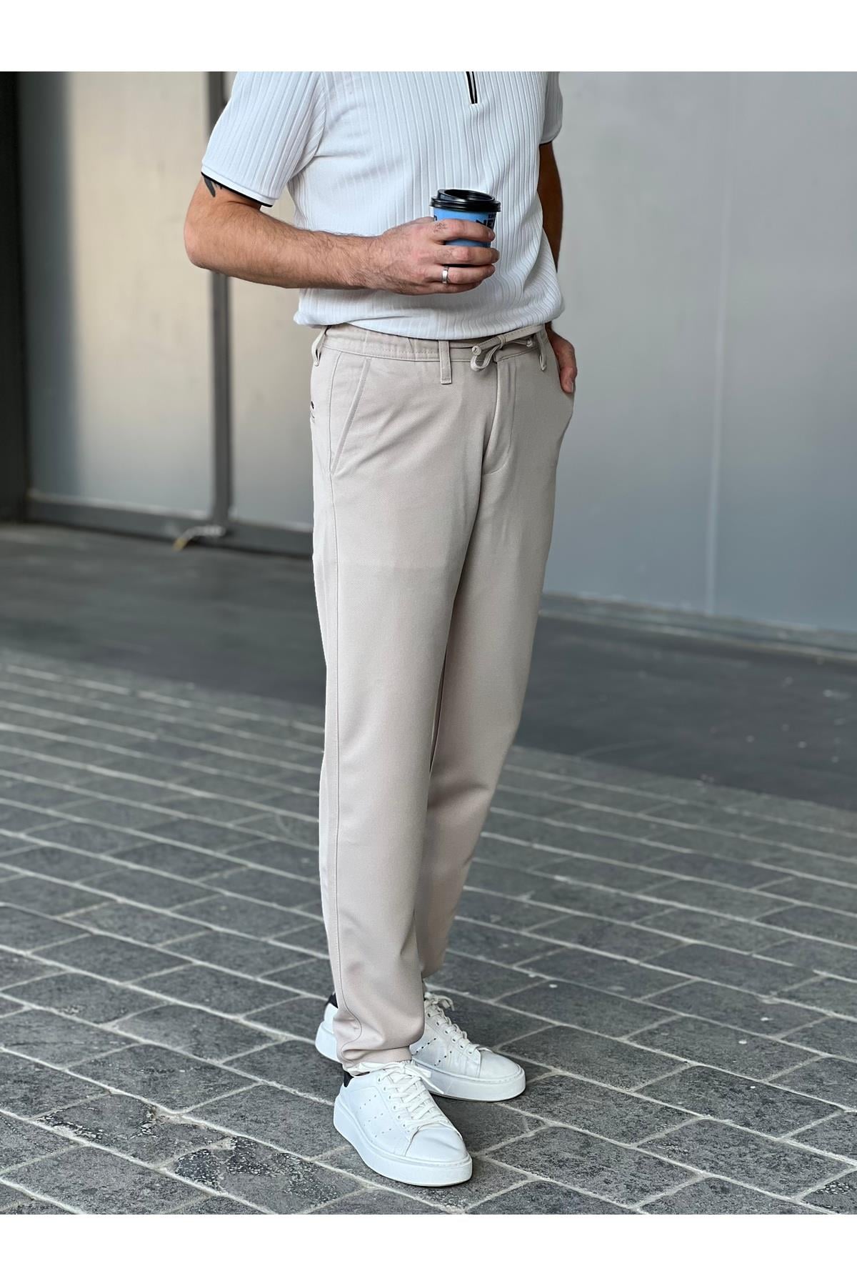 35212 Mens Jogger Fit Elastic Waist Drawstring Chino Pants-TAŞ