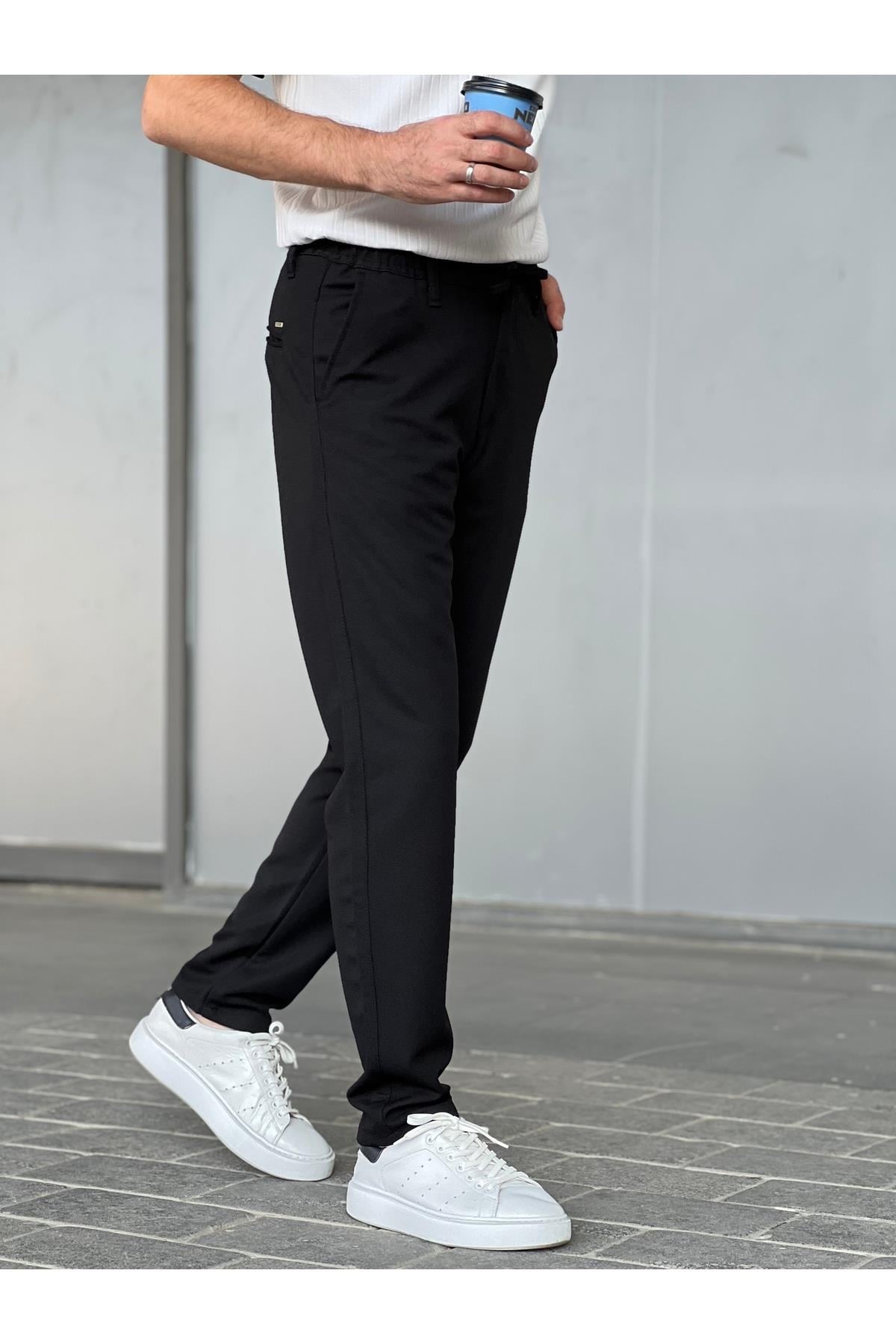 35212 Mens Jogger Fit Elastic Waist Drawstring Chino Pants-SİYAH