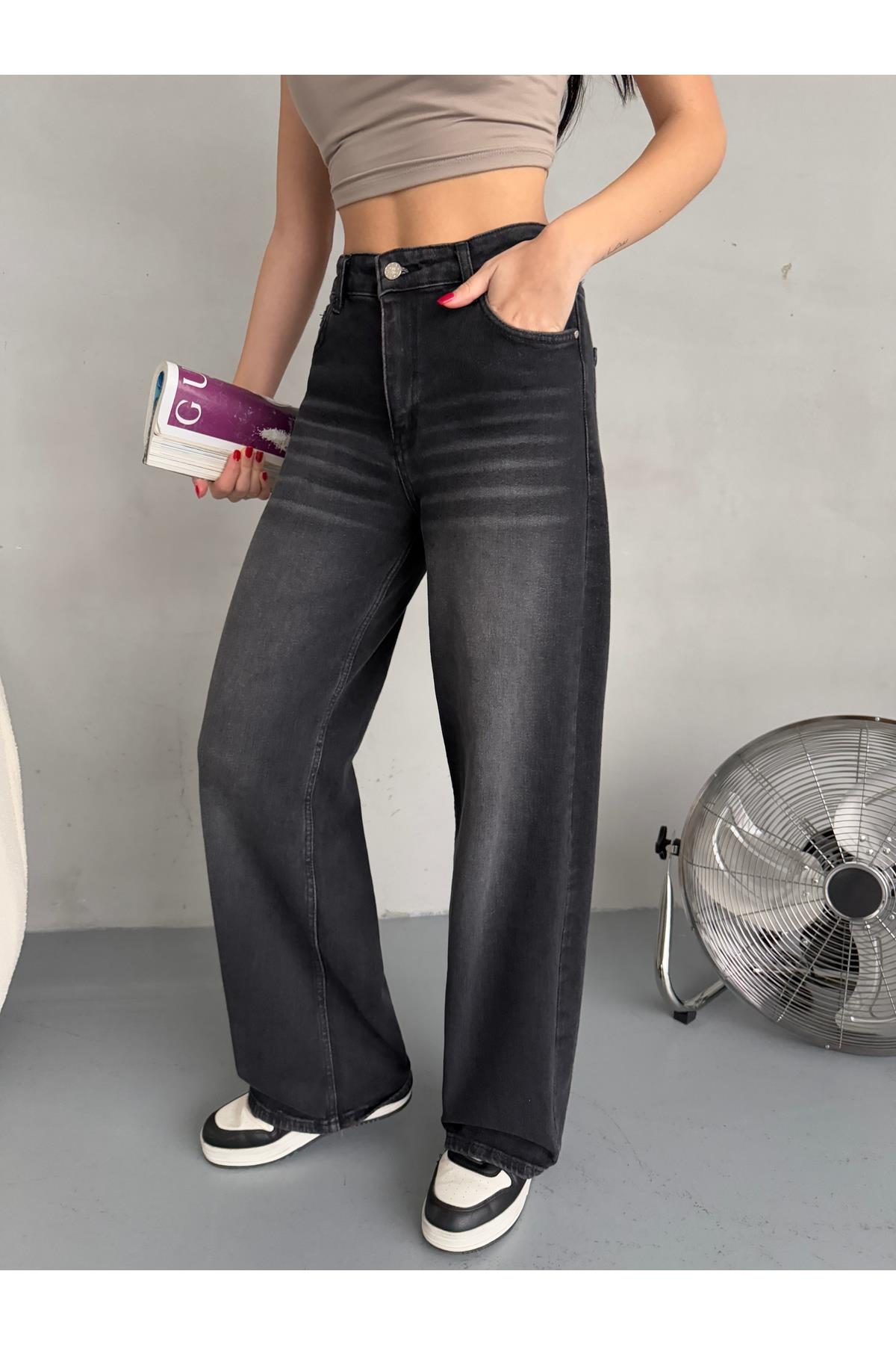 35943 Dewberry Womens High-Waist Vintage Washed Palazzo Jean-SİYAH