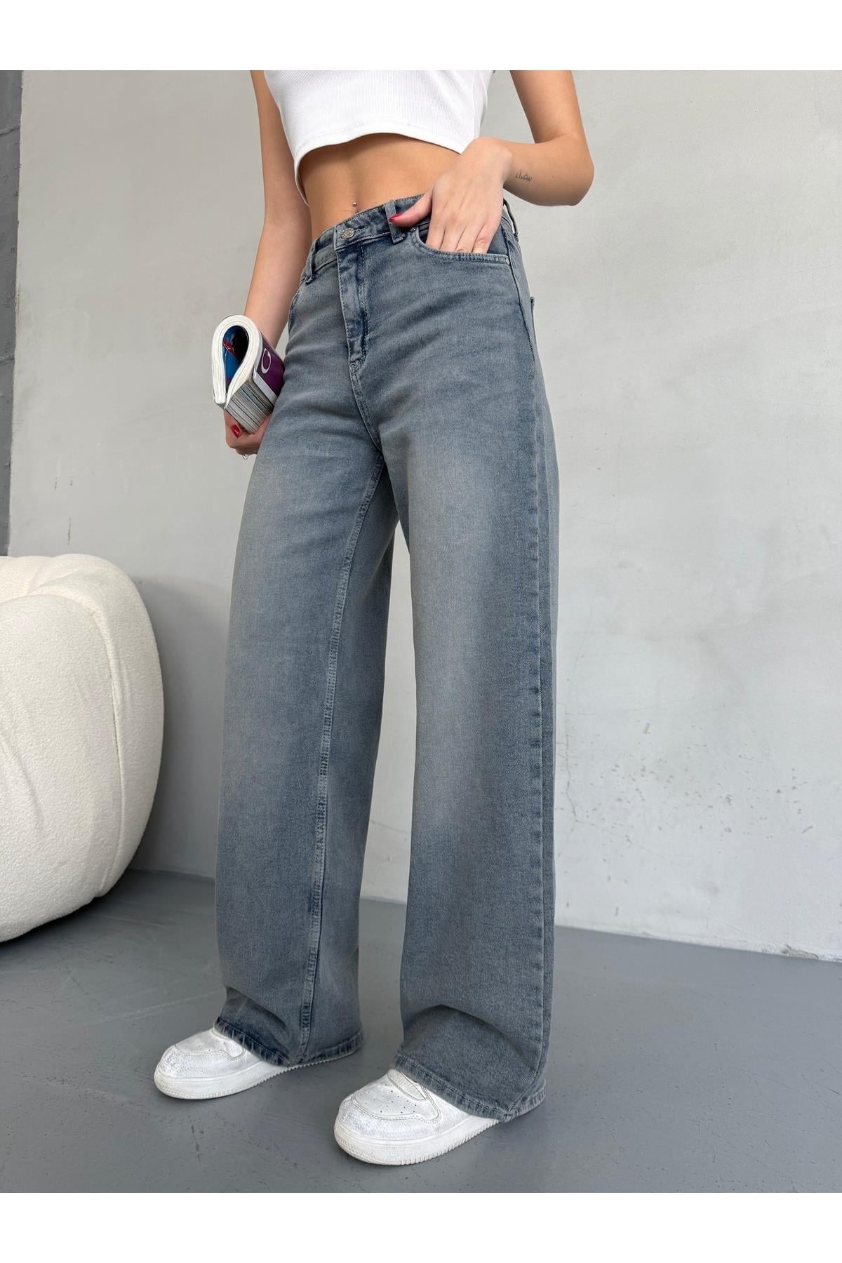 35943 Dewberry Womens High-Waist Vintage Washed Palazzo Jean-KOYU MAVİ