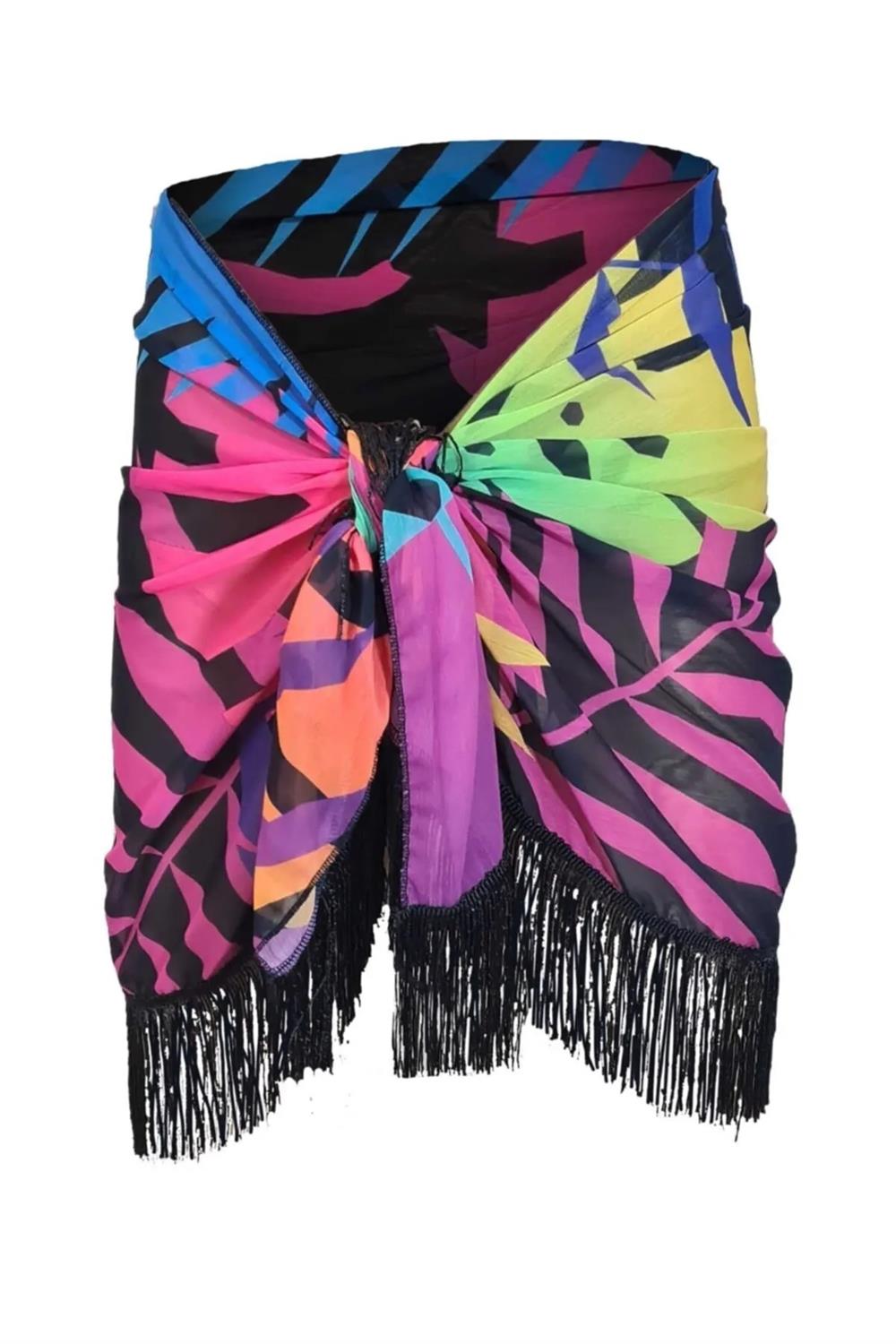 43272 Dewberry 43272 Dewberry Patterned Pareo with Tassels-SİYAH-PEMBE