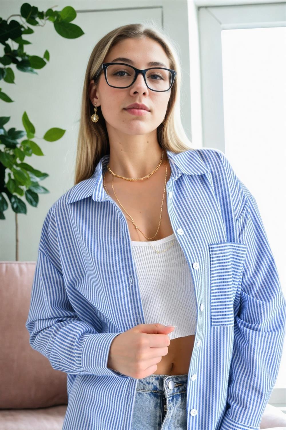 49999 Dewberry Blue Wrinkled Detailed Striped Women Shirt-MAVİ