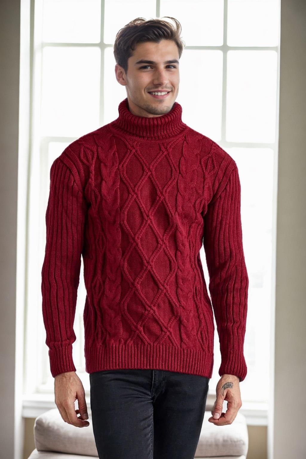 53285 Dewberry Slim-Fit Fisherman Corded Thick Mens Sweater-BORDO
