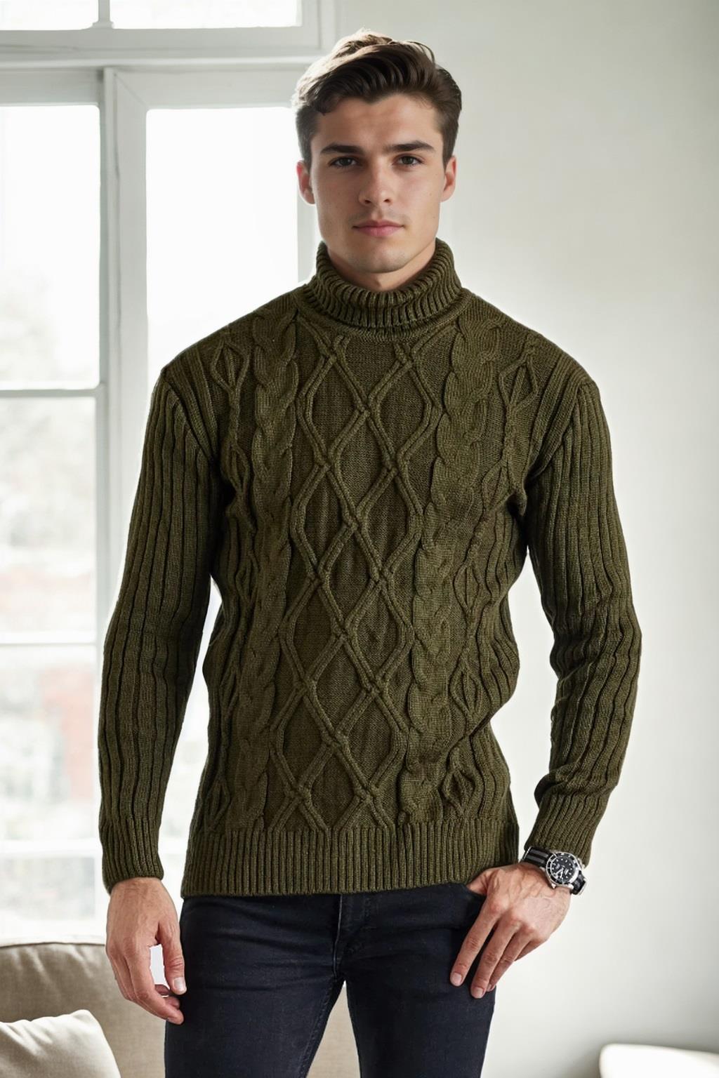 53285 Dewberry Slim-Fit Fisherman Corded Thick Mens Sweater-HAKİ
