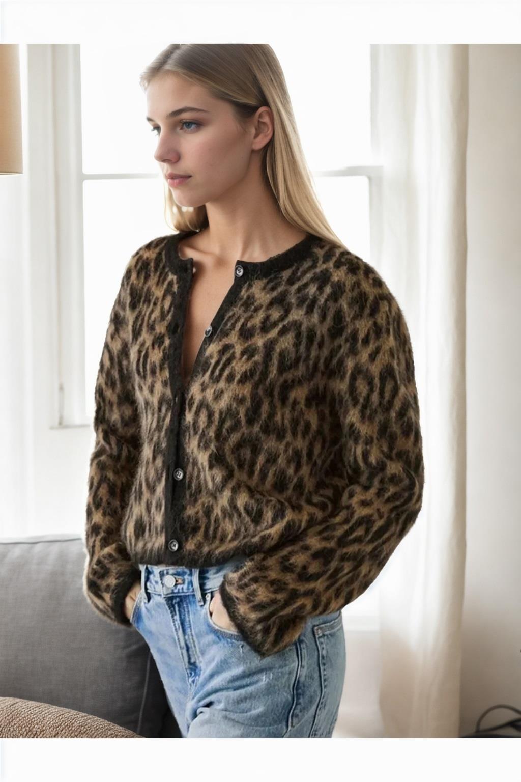 61353 Dewberry Leopard Patterned Cardigan-KAHVE