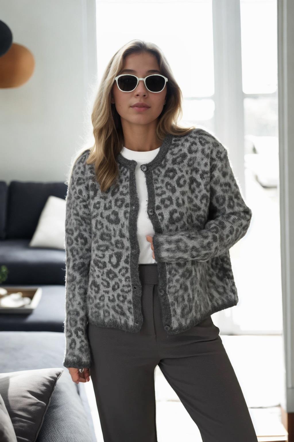 61353 Dewberry Leopard Patterned Cardigan-ANTRASİT