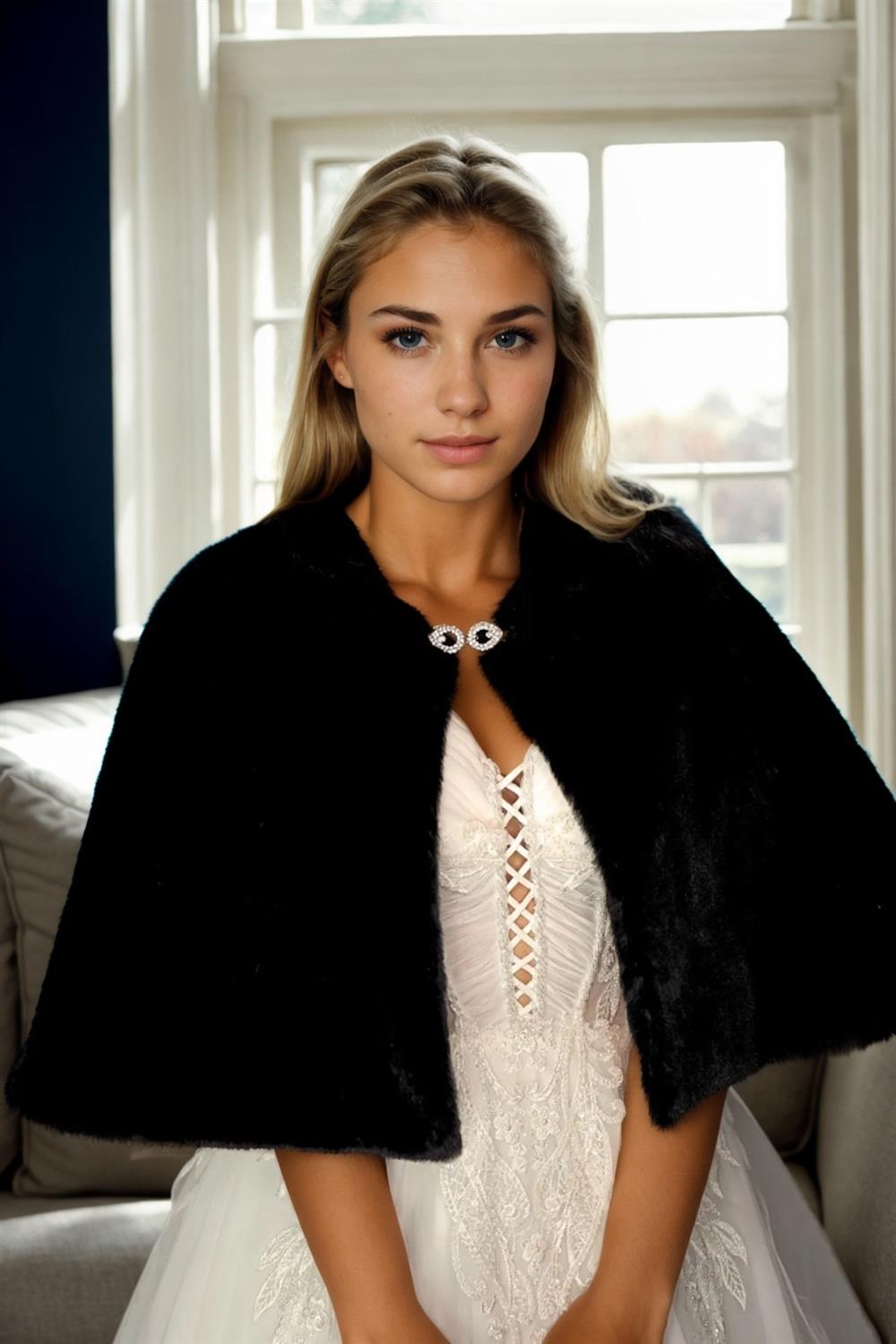 61601 Dewberry Long Brooch Bridal Bolero Shawl-SİYAH