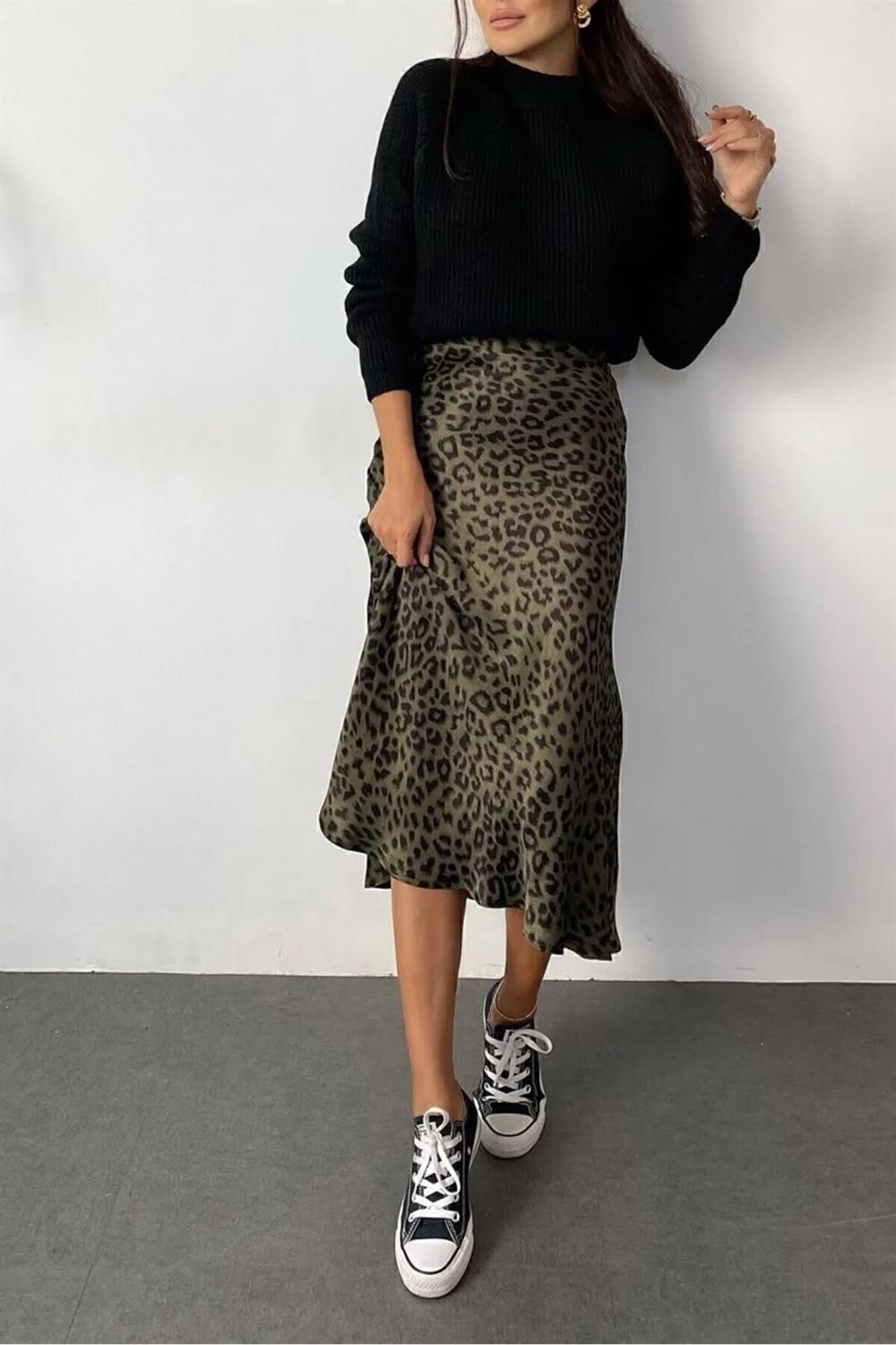 68223 Dewberry Leopard Pattern Satin Midi Length Skirt-SİYAH-HAKİ
