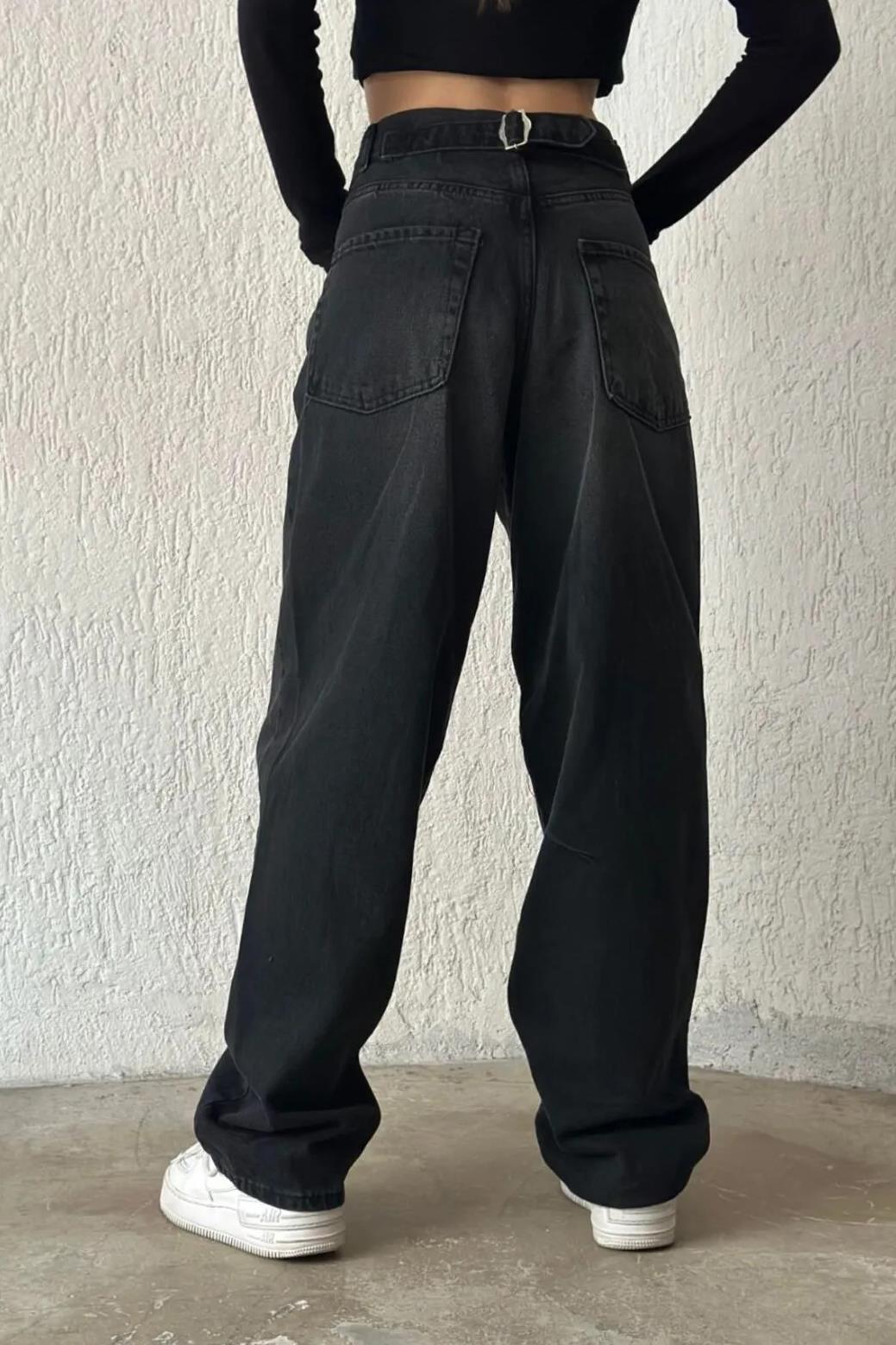 71755 Dewberry Buckle Detail Loose Cut Wide Leg  Women Jeans-SİYAH