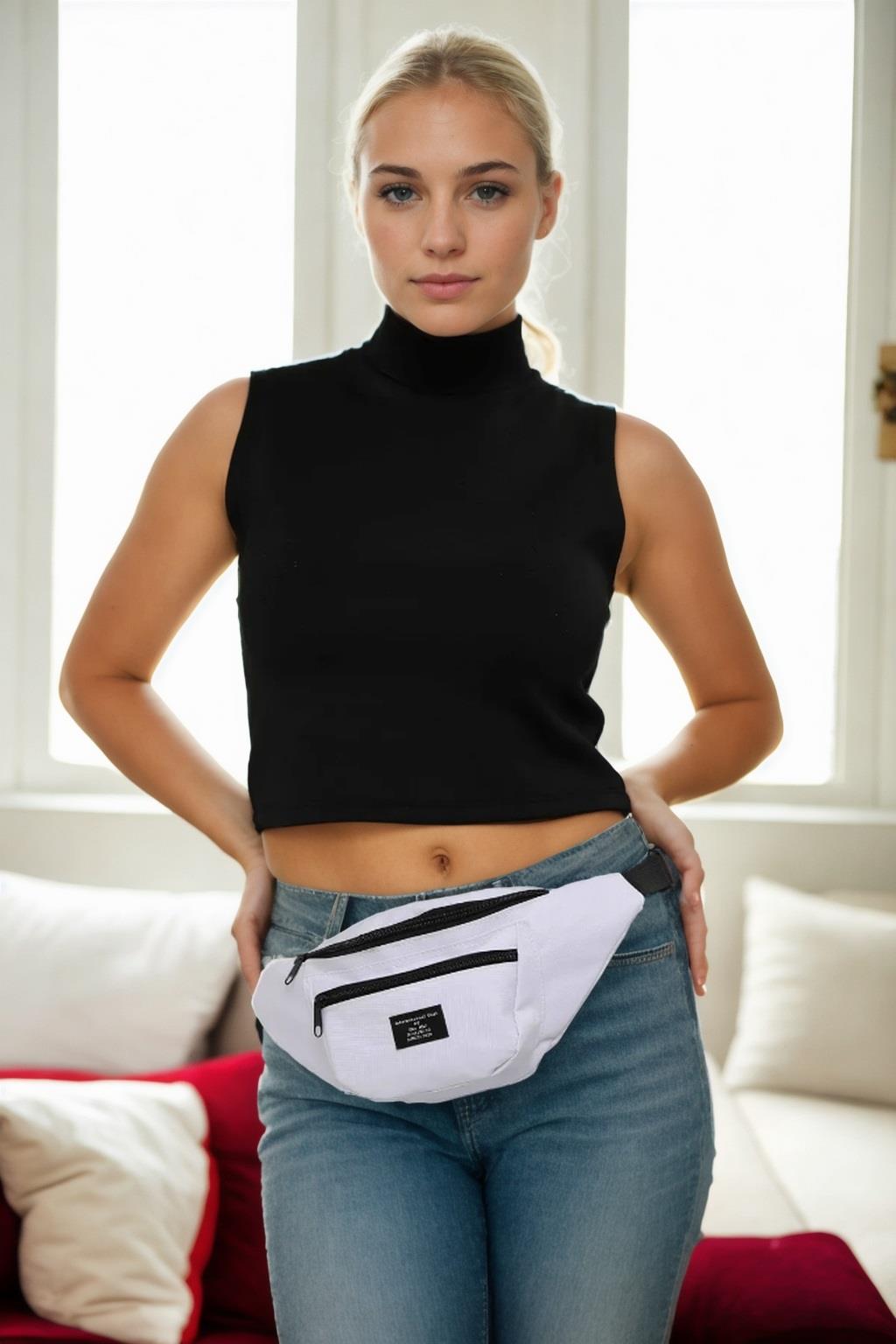 72422 Dewberry Unisex 2 Compartment Shoulder and Waist Bag-BEYAZ