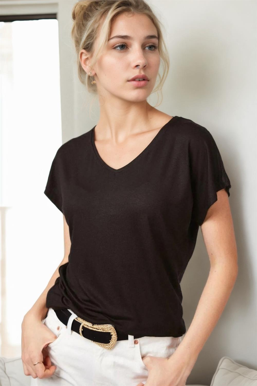 77002 Dewberry V-Neck Basic Women T-Shirt-SİYAH