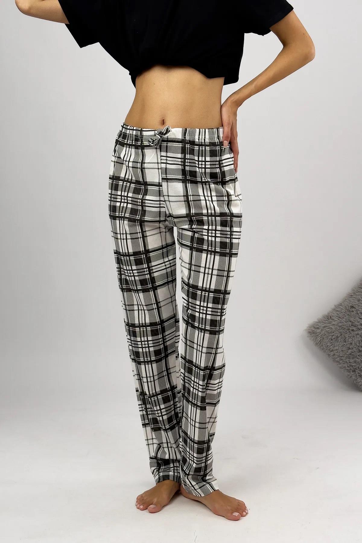 80156 Dewberry Women Pyjama Bottom-BEYAZ-SİYAH