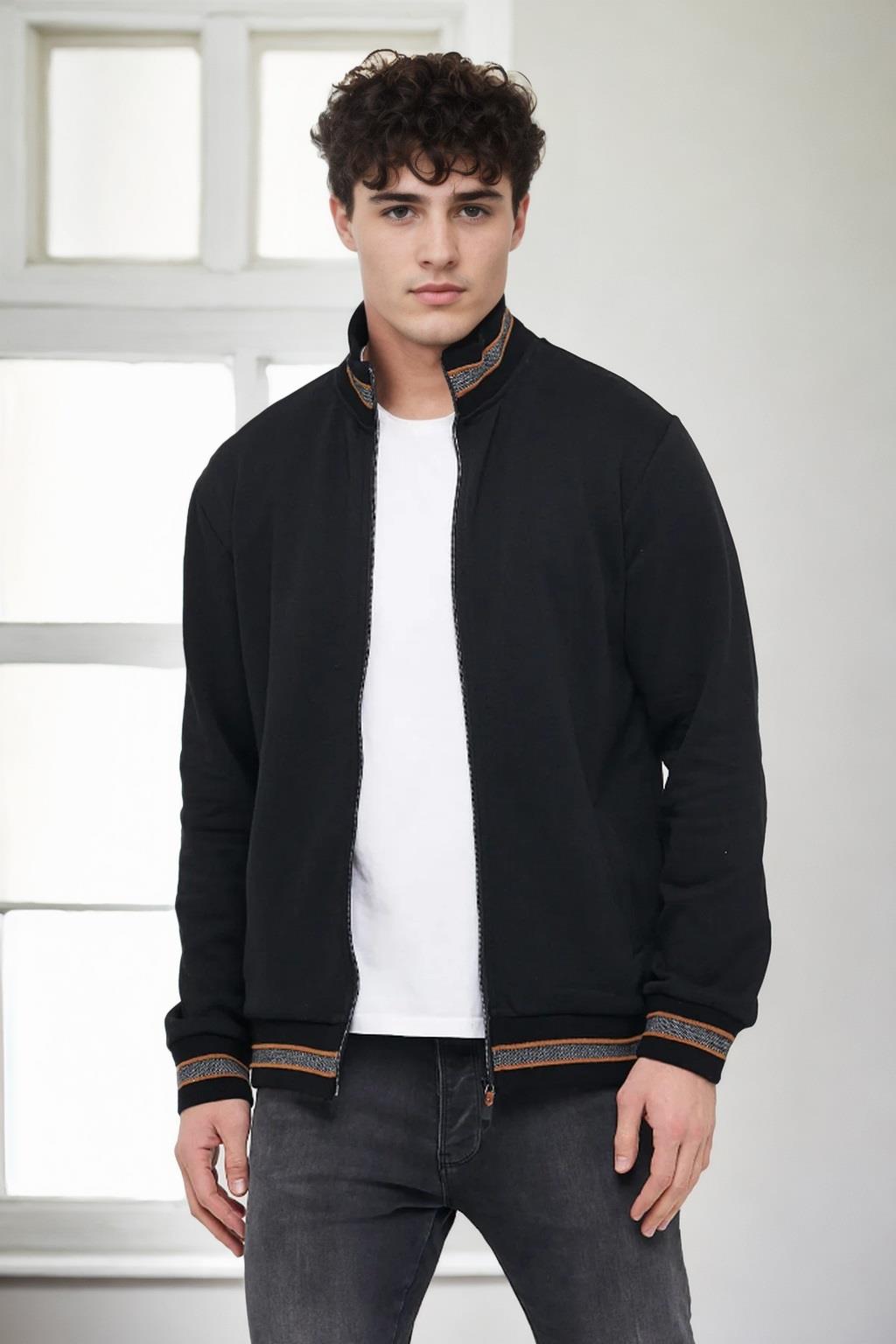 80972 Dewberry Regular Fit Stand Collar Zippered Sweatshirt-SİYAH