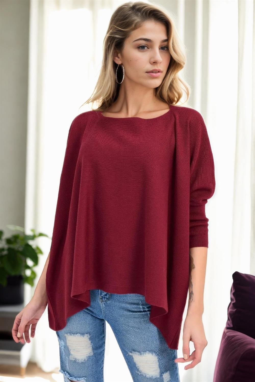 81734 Dewberry Knitwear Womens Poncho-BORDO