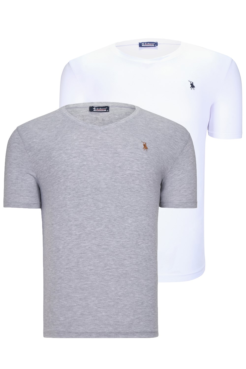 İKİLİ SET T8568 DEWBERRY V YAKA ERKEK T-SHIRT-AÇIK GRİ-KAR BEYAZ