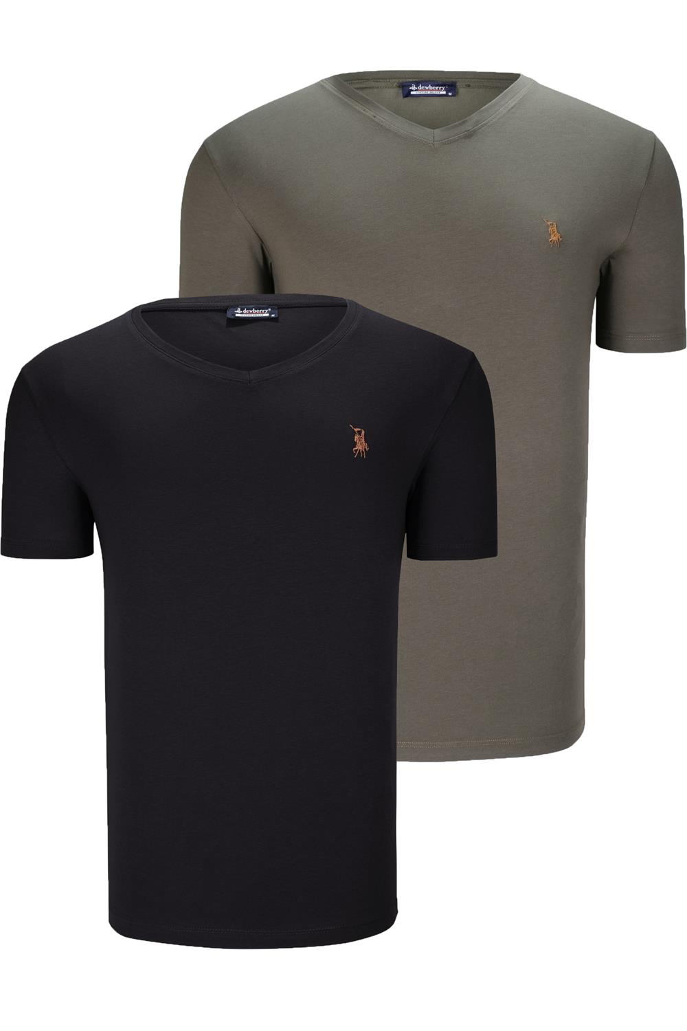 İKİLİ SET T8568 DEWBERRY V YAKA ERKEK T-SHIRT-SİYAH-HAKİ