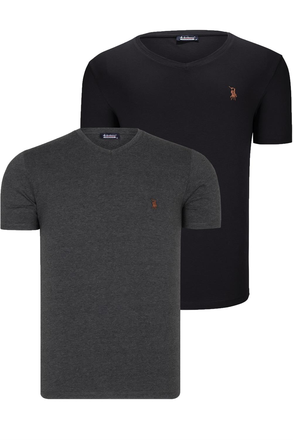 İKİLİ SET T8568 DEWBERRY V YAKA ERKEK T-SHIRT-ANTRASİT-SİYAH