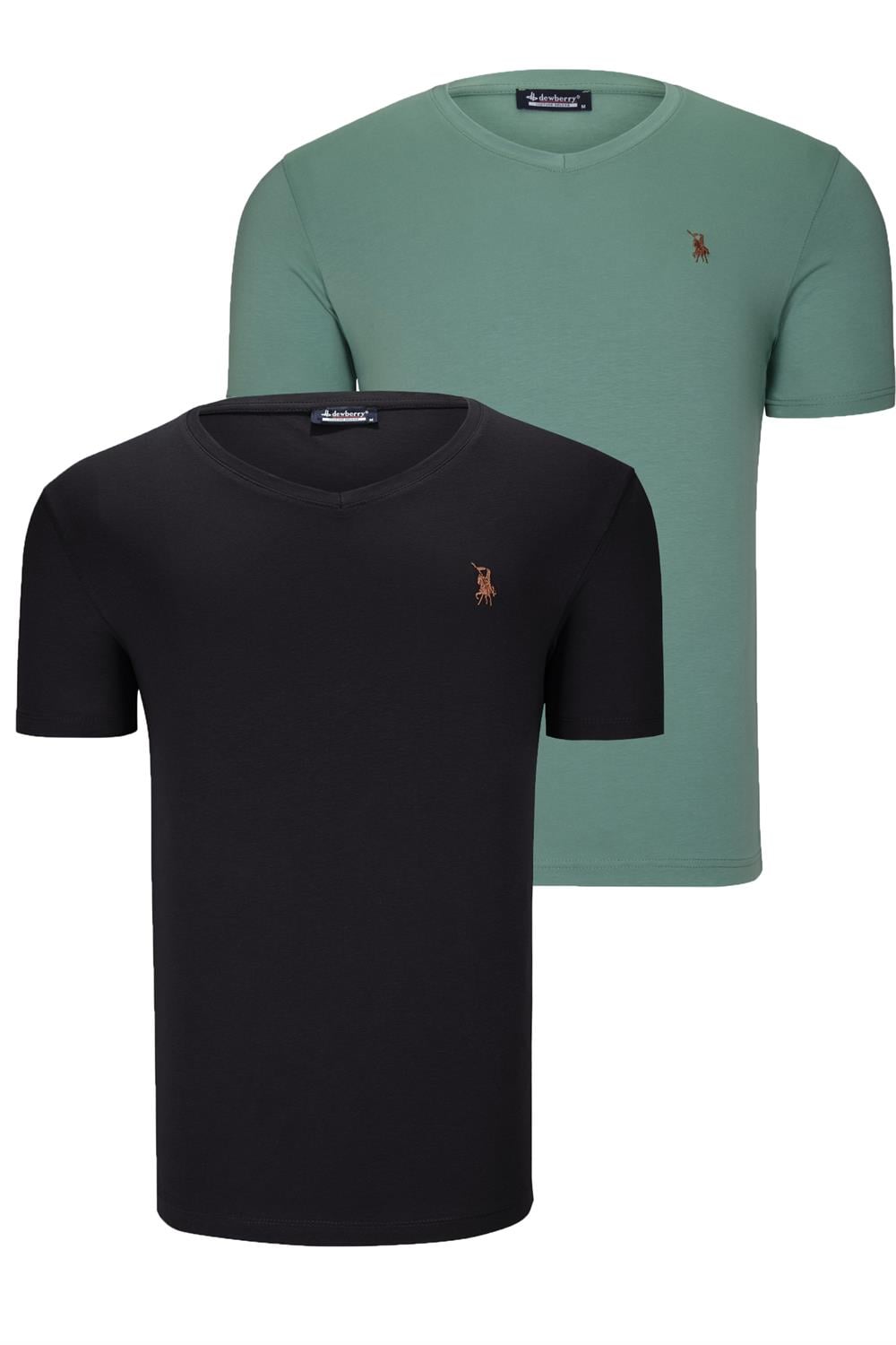 İKİLİ SET T8568 DEWBERRY V YAKA ERKEK T-SHIRT-SİYAH-AÇIK YEŞİL