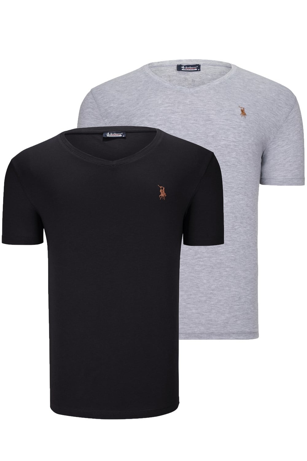İKİLİ SET T8568 DEWBERRY V YAKA ERKEK T-SHIRT-AÇIK GRİ-KOYU SİYAH