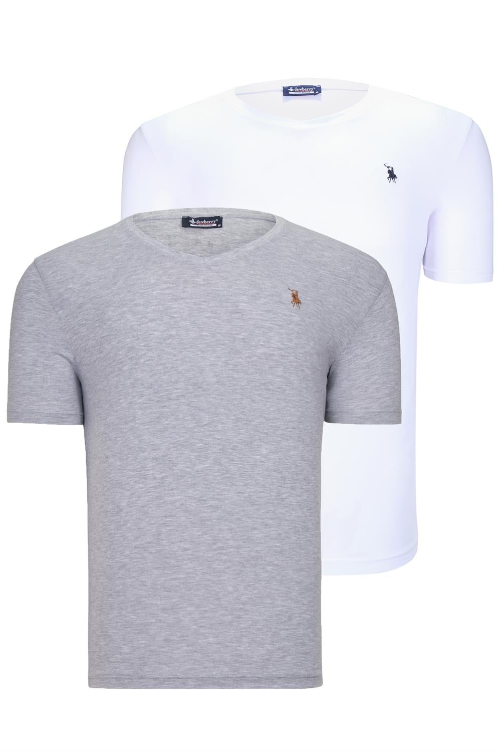 İKİLİ SET T8568 DEWBERRY V YAKA ERKEK T-SHIRT-BEYAZ-GRİ