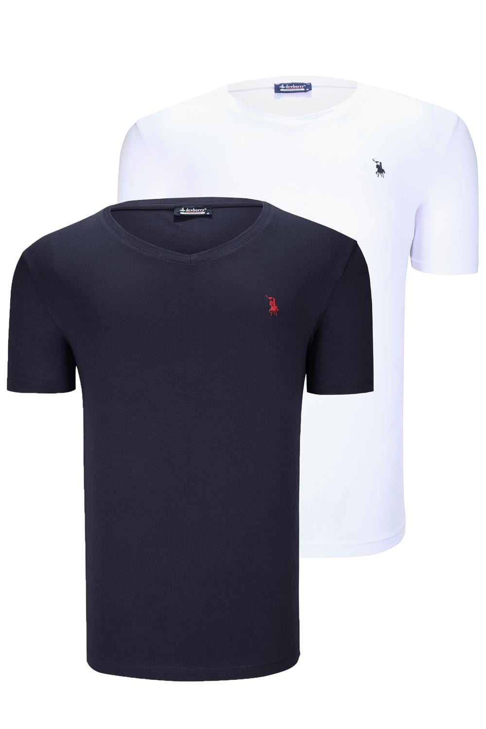 İKİLİ SET T8568 DEWBERRY V YAKA ERKEK T-SHIRT-LACİVERT-BEYAZ