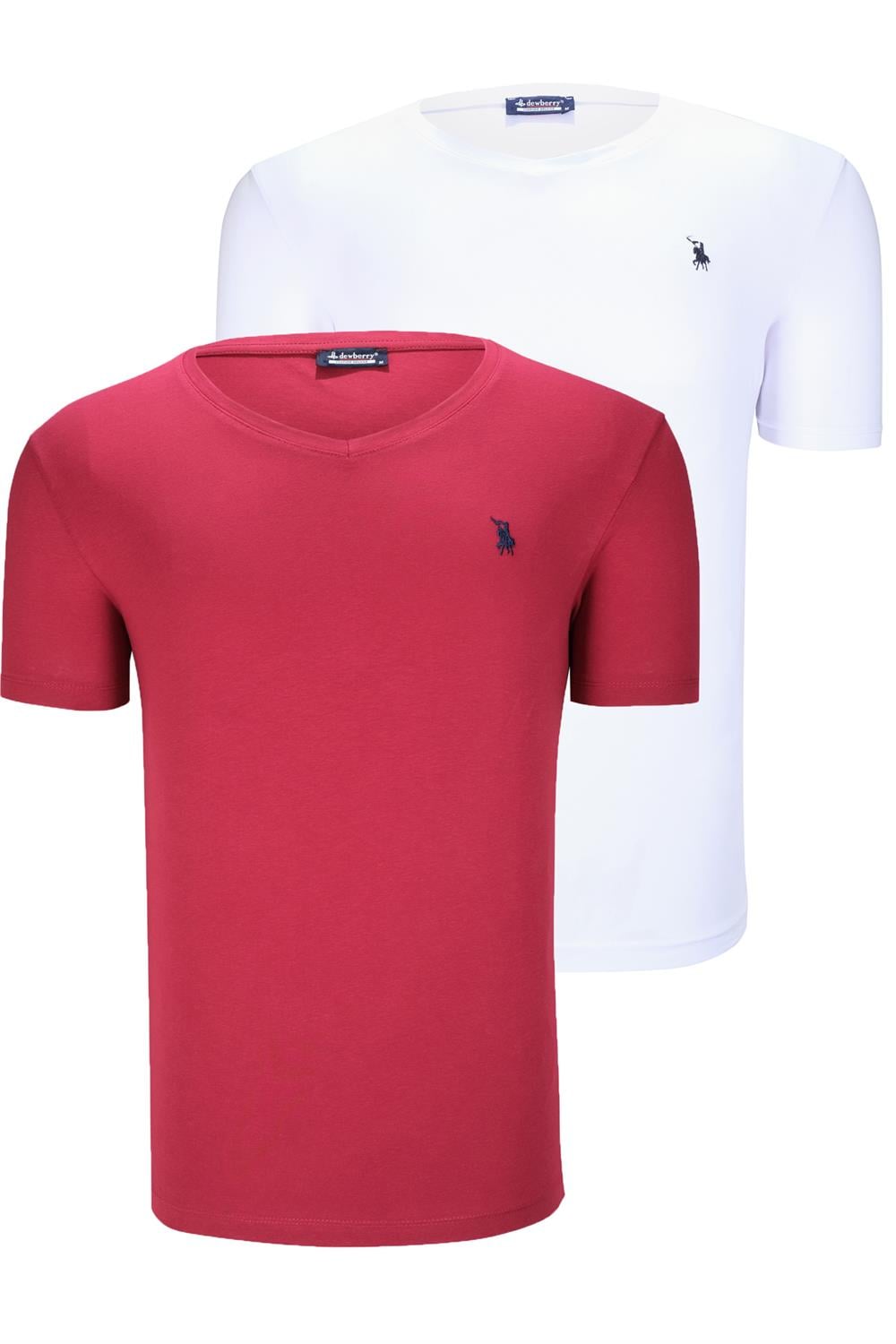 İKİLİ SET T8568 DEWBERRY V YAKA ERKEK T-SHIRT-BEYAZ-BORDO
