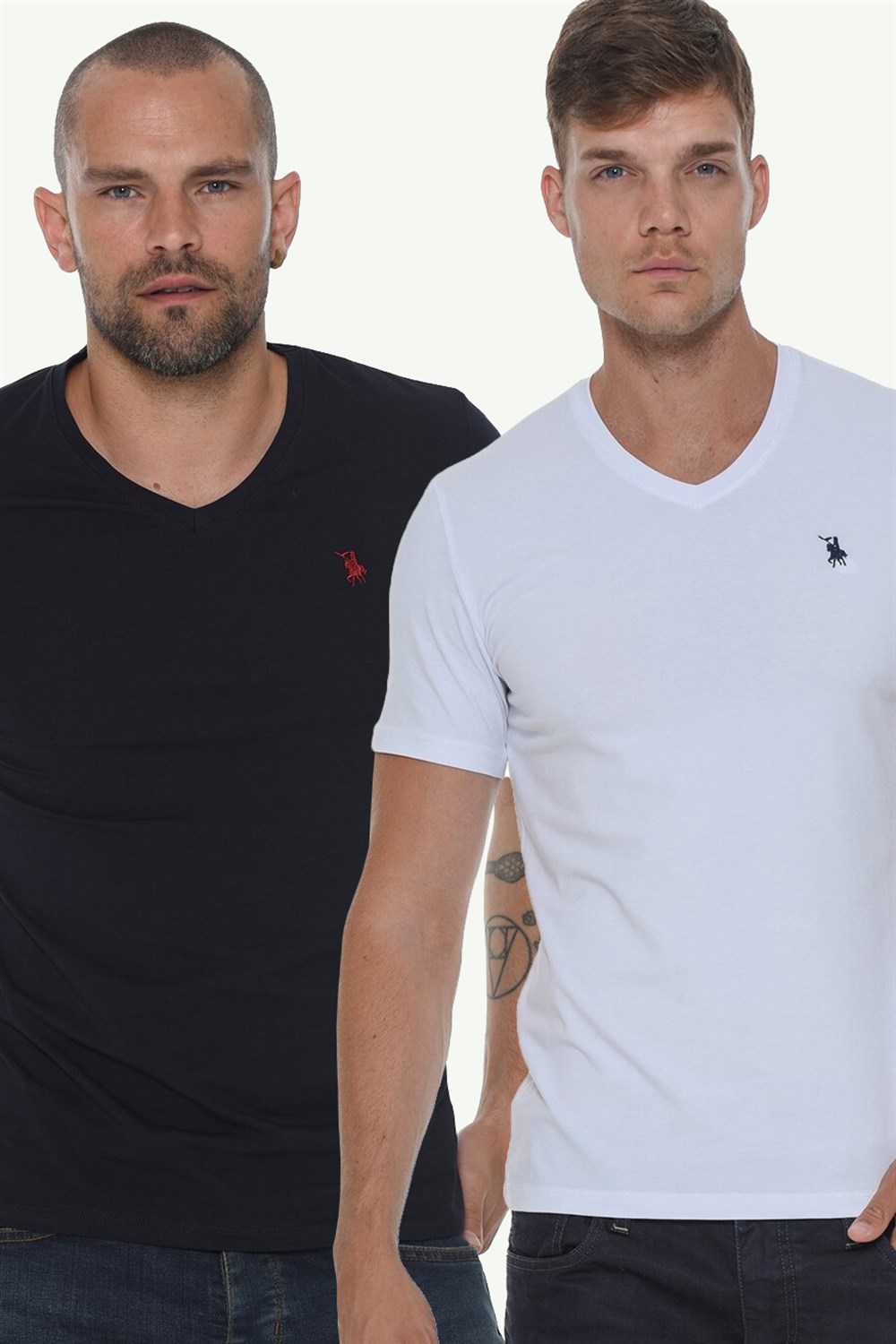 İKİLİ SET T8568 DEWBERRY V YAKA ERKEK T-SHIRT-BEYAZ - LACİVERT
